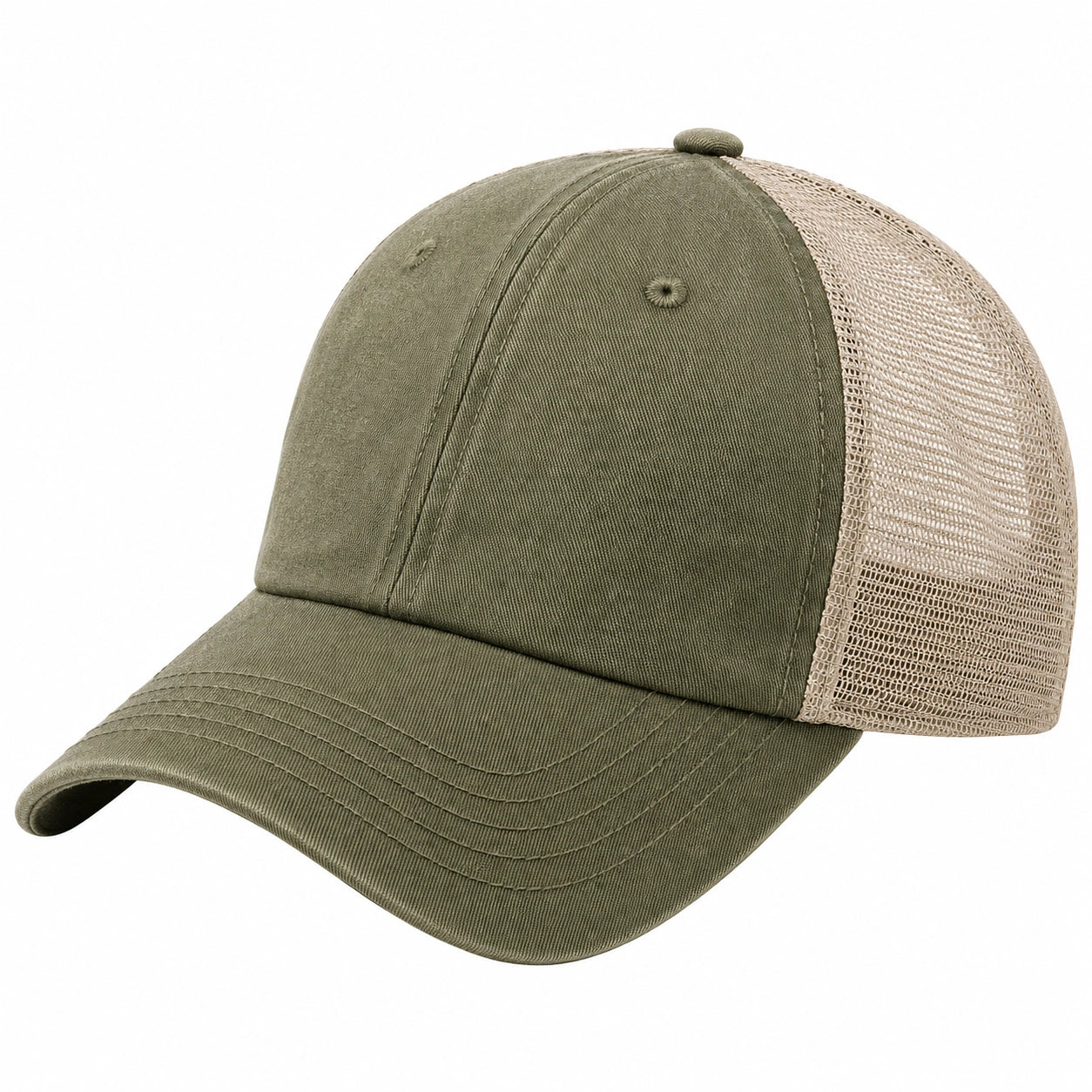 Verstellbare Baseballkappe mit Mesh-Rückseite in Olivgrün und Beige