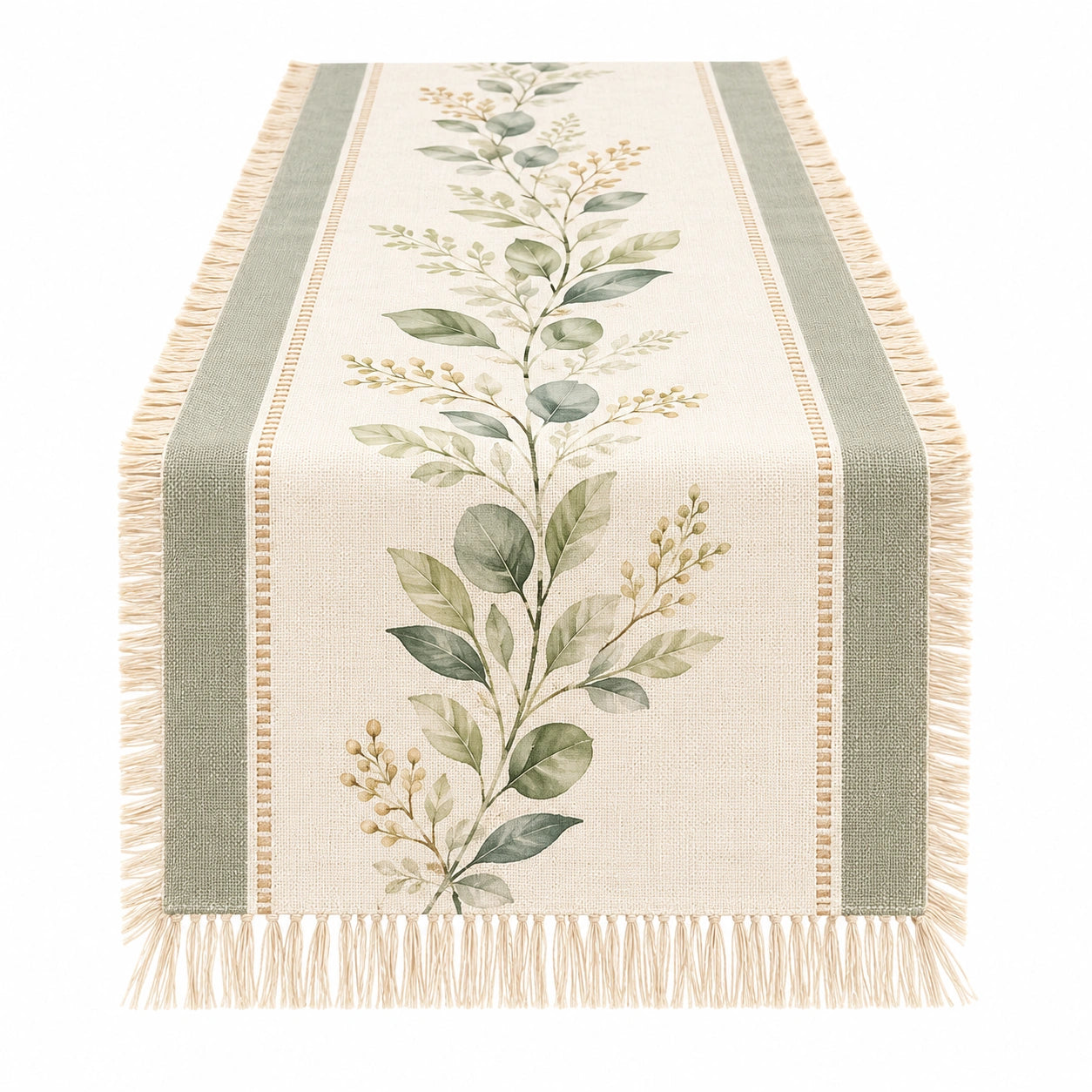 Tischläufer mit Pflanzenmuster und Fransen Beige/Grün