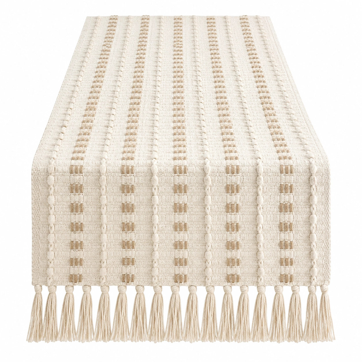 Tischläufer Beige mit Quasten und Streifenmuster