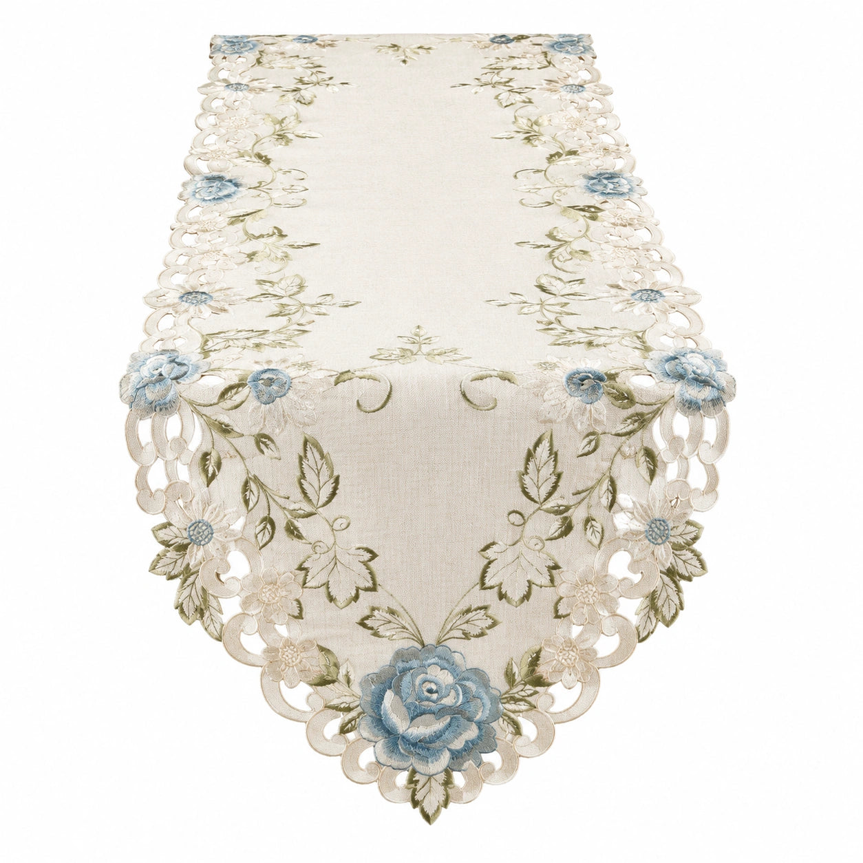 Eleganter Tischläufer mit Blumenstickerei, 150x40 cm, Beige/Blau