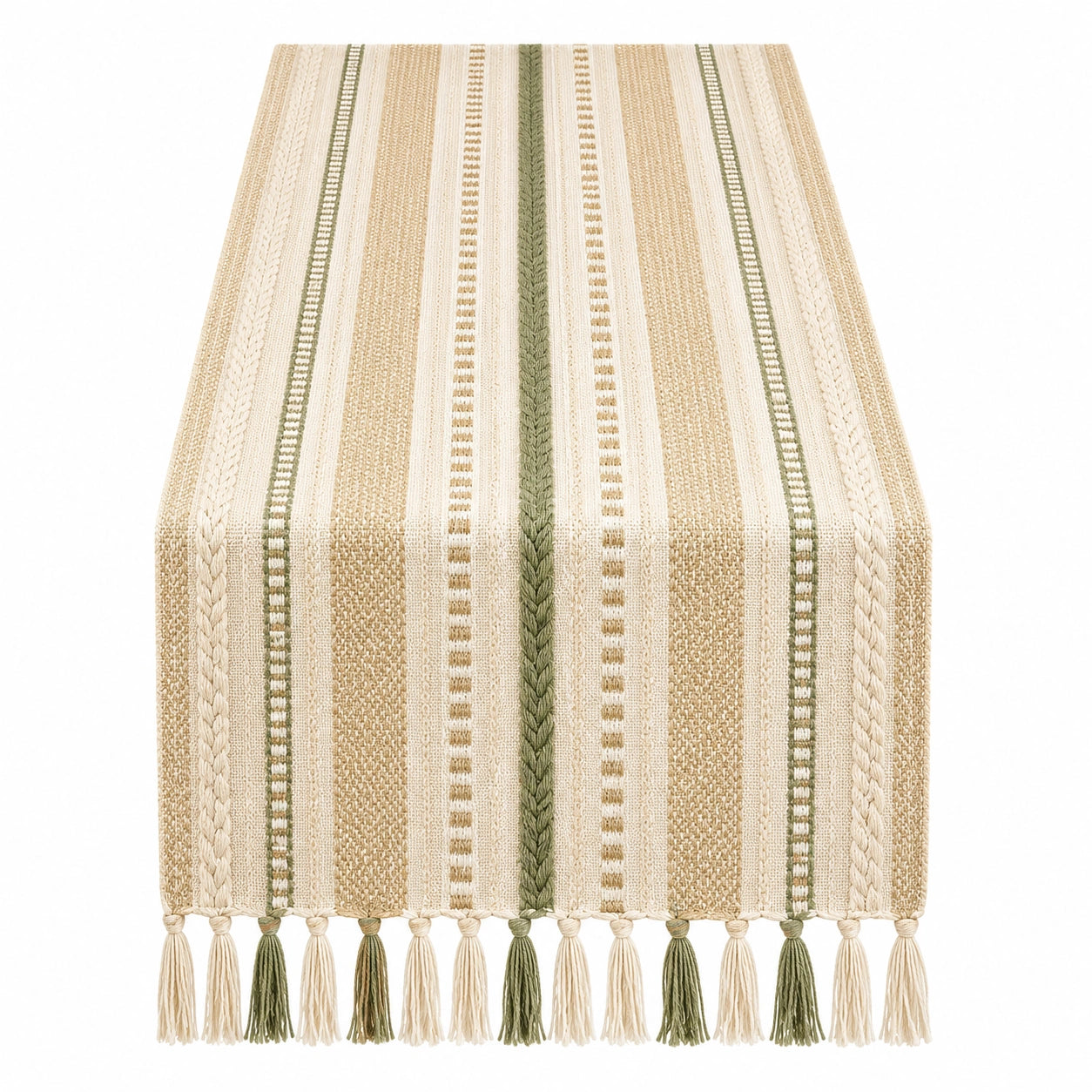 Tischläufer Beige Grün Streifen mit Fransen 180x35 cm