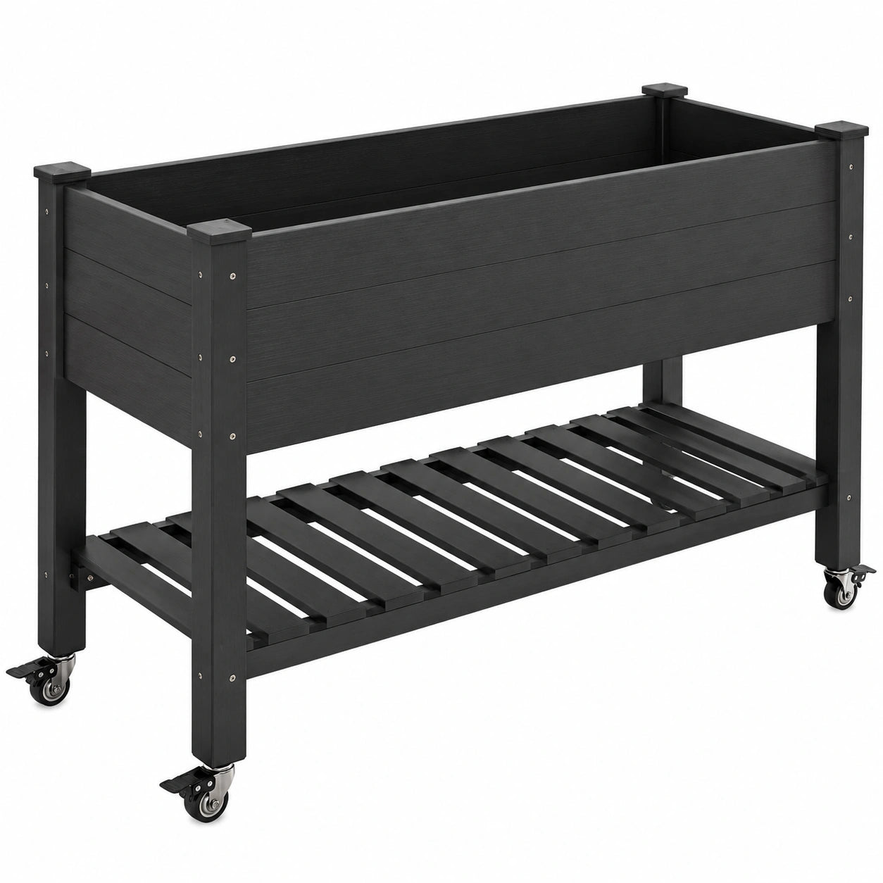 Schwarzes Hochbeet mit Rollen und Regal 120x30x80 cm