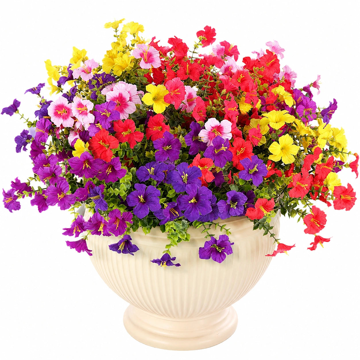 Kunstblumenarrangement im Blumentopf mit bunten Blüten in Lila, Rot, Gelb und Rosa